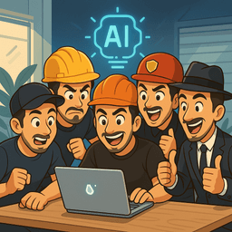 Illustration of AI development team with different roles represented by different hats