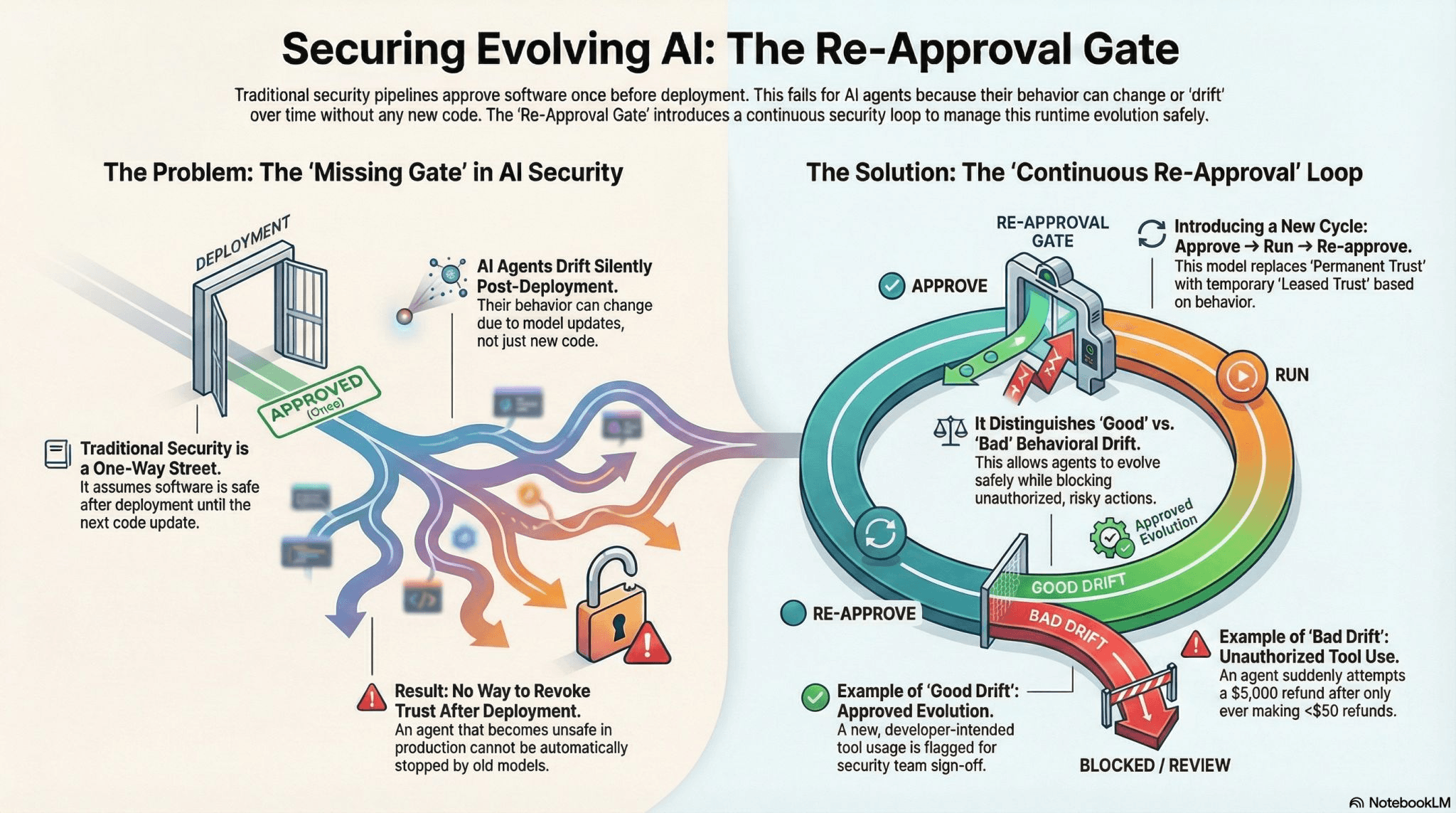 Securing Evolving AI: The Re-Approval Gate - showing the problem of missing gates in AI security vs. the continuous re-approval loop solution